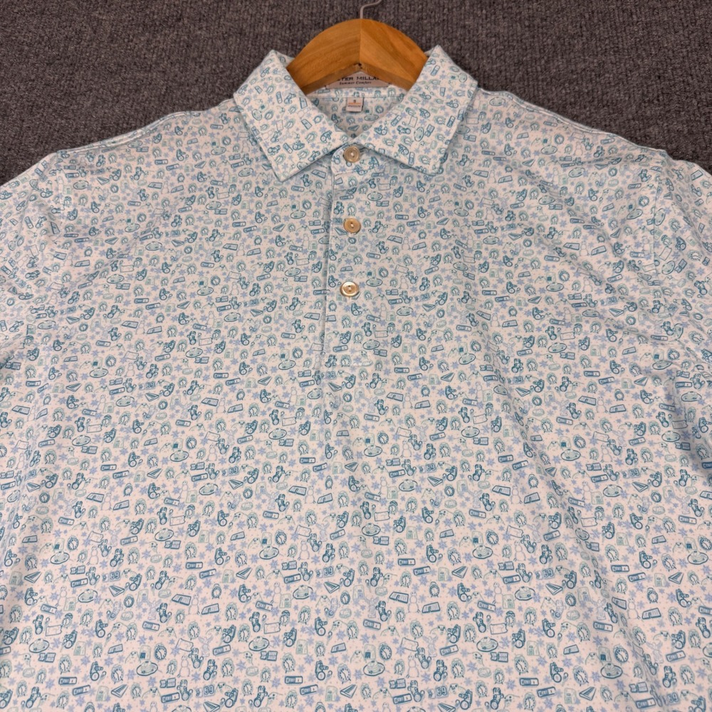 Peter Millar Polo Mens Small White Blue Summer Comfort Golf Novelty Print